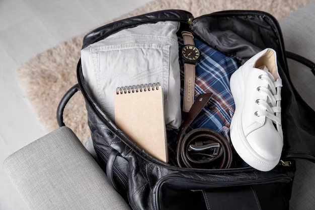 Image of a duffle bag containing shoes, clothes, a watch, and other items.