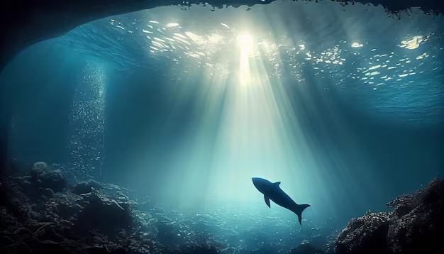 Underwater scene with a whale and visible sun rays.