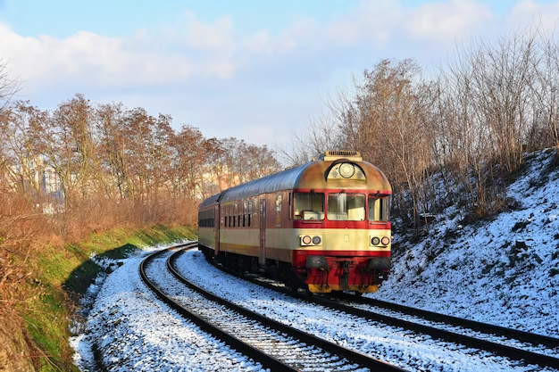 Snow-covered railroad with a train