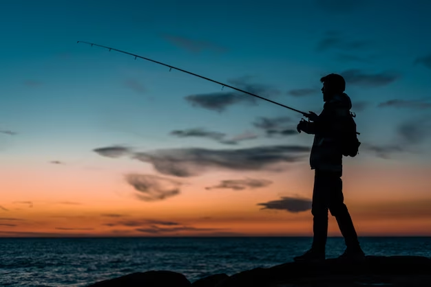 Silhouetted person fishing with a fishing rod.